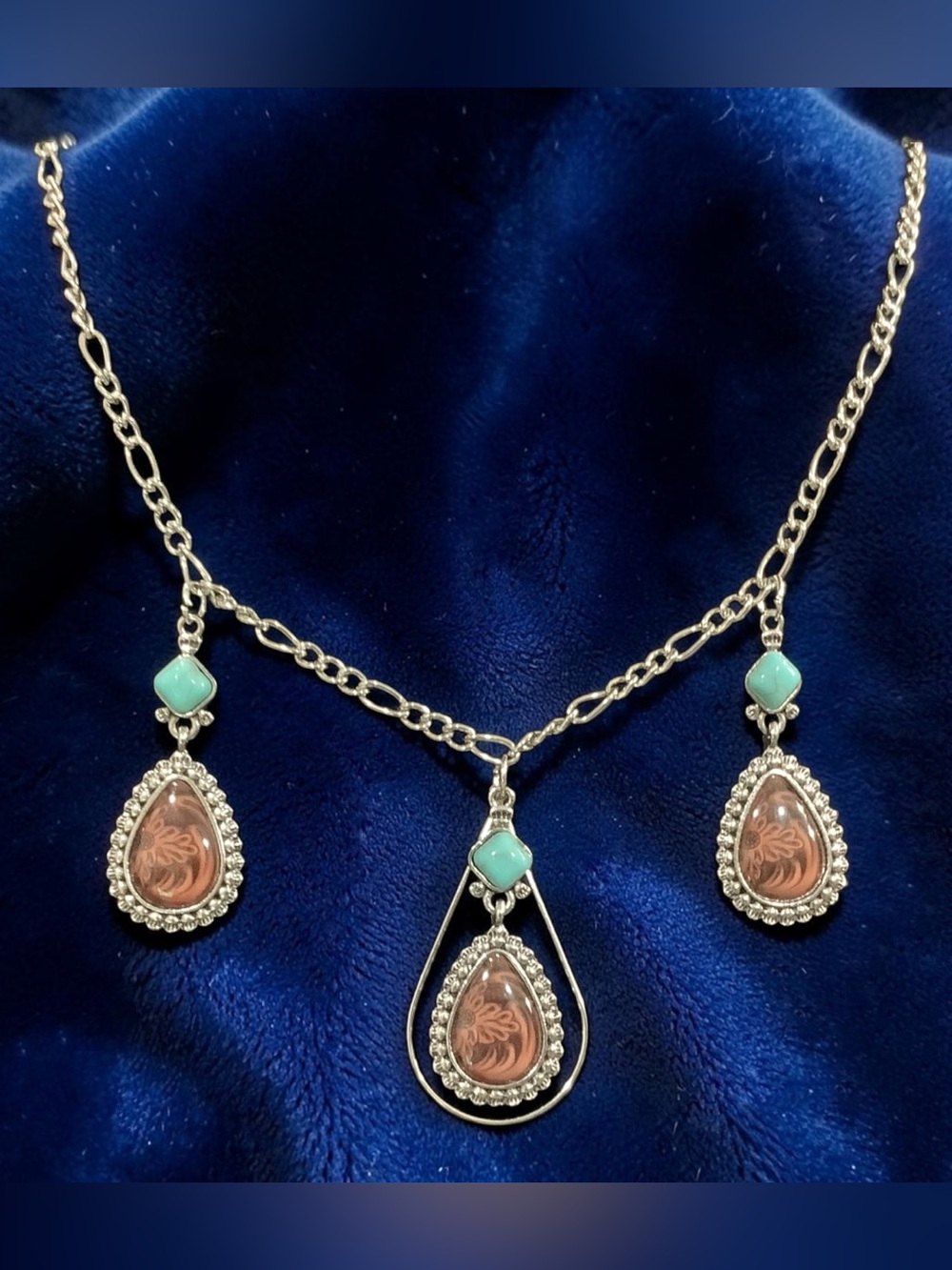 Boho Western Chic Turquoise and Brown Teardrop Silver Necklace